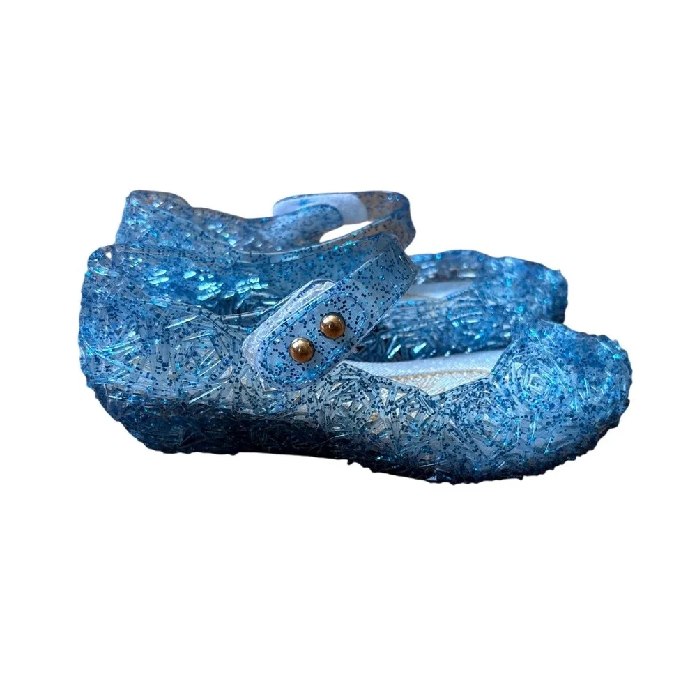 Disney Princess Cinderella Glass Slipper Kids Blue Glitter Jelly Shoes SIZE 24